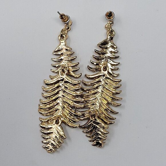 Gold Tone Articulated Maroon Rhinestone Dangle Feather Earrings Pierced Long - Picture 6 of 11